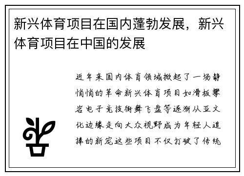 新兴体育项目在国内蓬勃发展，新兴体育项目在中国的发展
