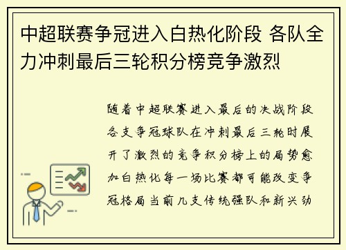 中超联赛争冠进入白热化阶段 各队全力冲刺最后三轮积分榜竞争激烈