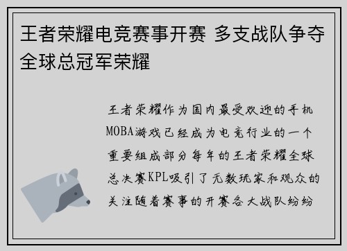 王者荣耀电竞赛事开赛 多支战队争夺全球总冠军荣耀